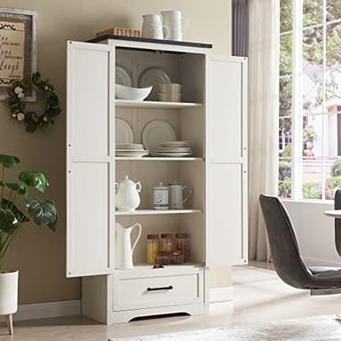 JXQTLINGMU Farmhouse Kitchen Pantry Cabinet - 72" Tall Wood Kitchen Storage Cabinets with Adjustable Shelves & 2 Barn Style Doors & Drawer, Versatile Storage for Dining Room, Bathroom, Antique White - Image 2