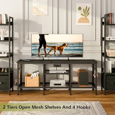 Furologee TV Stand with Power Outlets, Entertainment Center with Open Storage Shelves for TVs up to 55 Inch, Media Console Table with Soundbar Shelf for Living Room, Bedroom, Black Oak - Image 5
