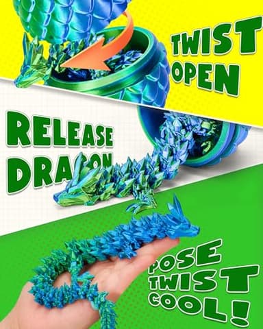3D Printed Dragon Easter Egg - Basket Essentials Stuffers, Prefilled Easter Egg Filled with Toy, Articulated Crystal Dragon Fidget Toy for Kid (Laser Green-12inch) - Image 3