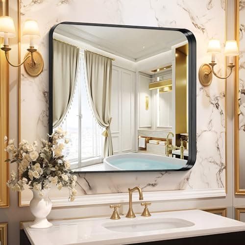 CIRCUMI Black Bathroom Mirror, 30"x30" Rectangular Mirror with Deep Metal Frame, Rounded Corner, Tempered Glass, Square Mirror for Wall, Oversink, Bedroom, Living Room, Vanity, Entryway, Crystal-Clear - Image 1