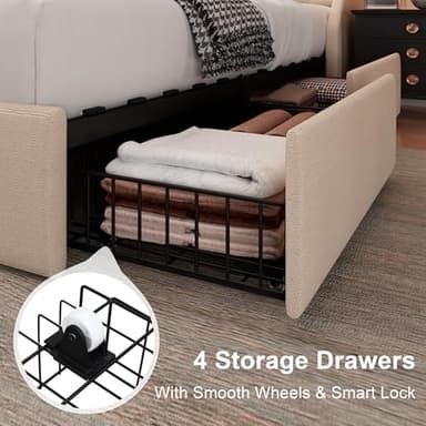 Feonase King Size Bed Frame with 4 Storage Drawers, Upholstered Storage Bed with Charging Station, Tufted Wingback Headboard, No Box Spring Needed, Beige - Image 5