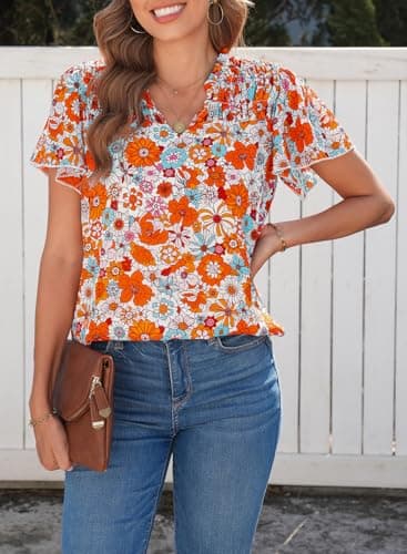 SHEWIN Summer Tops for Women Trendy Fashion Floral Petal Sleeve Loose Fit Blouses for Women Dressy Casual Orange X-Large - Image 8