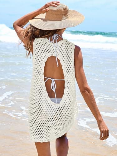 ANRABESS Womens Swimsuit Cover Up Sleeveless Knit 2025 Summer Outfits Swimwear Bathing Suit Coverup Crochet Beach Dress White Small - Image 4