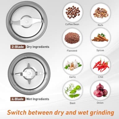 Secura Electric Coffee Grinder and Spice Grinder with 2 Stainless Steel Blades Removable Bowls - Image 3