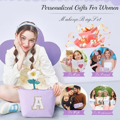 YOOLIFE Birthday Gifts for Kids - Personalized Monogram Makeup Bag Cosmetic Bag Travel Toiletry Bag | Makeup Bag for Girls Teen Girl Friend Sister Wife Girlfriend Daughter Gifts Purple A - Image 3