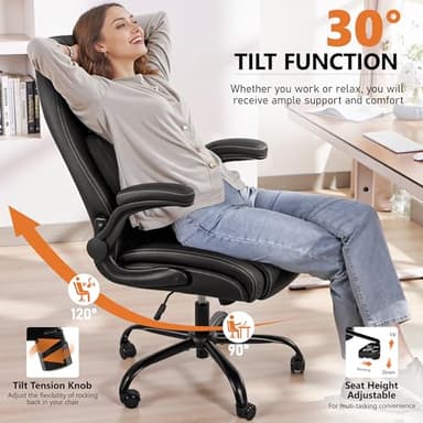 BESTFAIR Office Chair,Ergonomic Office Chair with Lumbar Support for Lower Back Pain Relief, Executive Leather Chair with Padded Flip-up Arms, Wheels and Adjustable Armrests, Black - Image 6