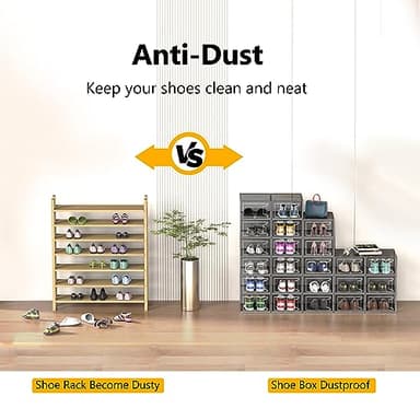 12 Pack X Large Shoe Storage Organizer for Closet, Modular Space Saving Shoe Boxes Clear Plastic Stackable Containers Display Case Bins with Lids, Black - Image 3