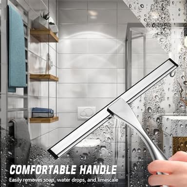 OVSGTTZ Shower Squeegee for Glass Door with 3 Adhesive Hook, Stainless Steel Glass Cleaning Squeegee for Bathroom & Household Window, Mirrors, Tiles and Car, 10 Inches, Clear, Silver - Image 3