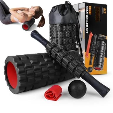 5 in1 Foam Roller Set, Trigger Point Foam Roller, Massage Roller Stick, Massage Ball, Resistance Band for Deep Muscle Massage Pilates Yoga,Fitness Exercise for Whole Body (Black-Red) - Image 1