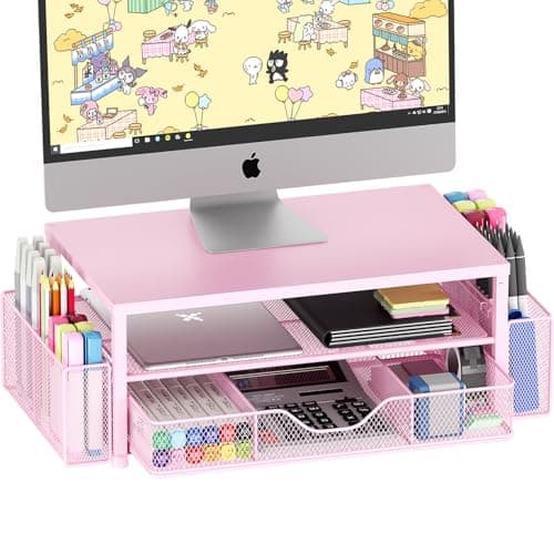 OPNICE Desk Organizers and Accessories, 2-Tier Computer Monitor Stand Riser with Drawer and 2 Pen Holders, Laptop Stand, Office Desk Accessories for Office Supplies, Pink - Image 1