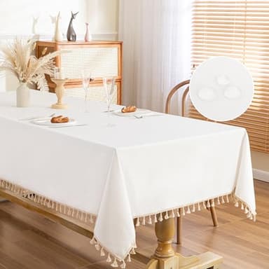 MYSKY HOME White Table Cloth Rectangle, Rectangular Table Cloth, Wrinkle Resistant, Waterproof Tablecloth, Washable Farmhouse Tablecloths, Table Cloths with Tassels for Kitchen Dining, 55"X102" - Image 1