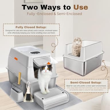 Fully Enclosed XXL Stainlessss Steel Litter Box with Lid, 8" Deep Pan, Large Stainless Steel Cat Litter Box for Big Cat with Scoop, Step Board, Mat, Brush, Odor-Free, Anti-Leak, Non-Stick (Light Gray) - Image 8