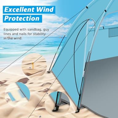 Hoeada Beach Tent Sun Shelter, Beach Shade Tent with UPF 50+ UV Protection for 2-3 Person, Portable & Easy Setup Cabana, 3 Roll Up Doors & 8mm Fiberglass Rods, Carry Bag Included - Image 6