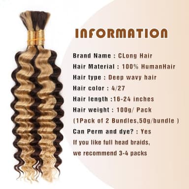 4/27 Honey Blonde Human Braiding Hair Deep Wave Bulk，Highlight No Weft Curly Braiding Hair Extensions for Boho Braids Wet and Wavy Braiding Human Hair Bundles(16inch,4/27,100g)-1 - Image 2