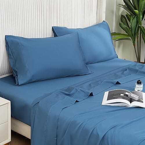 DOWNCOOL Queen Sheet Set - 100% Cotton Sheets Queen Size Set, 400 Thread Count Sateen, 16" Deep Pocket Queen Sheets, Silky Soft & Breathable Bed Sheets, 4-Piece Hotel Luxury Cotton Sheet Set, Blue - Image 1