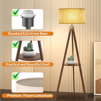 LEPOWER Mid Century Wood Standing Lamp, Modern Design Shelf Floor Lamp for Living Room, Bedroom, Office, Flaxen Shade with E26 Base, Perfect for Reading or Ambient Lighting Dark Brown - Image 2