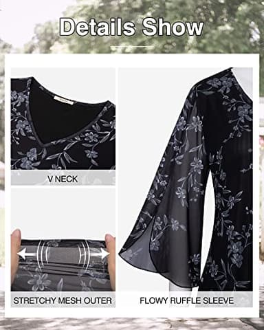 Bebonnie Womens Ruffle 3/4 Sleeve V Neck Double Layers Mesh Blouses Loose Fit Flowy Tunic Tops Multi Black XXXXL - Image 5