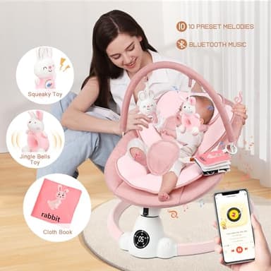 Uuoeebb Baby Swing for Infants, Portable Electric Baby Swings with Bluetooth, 5 Swing Speed, 10 Lullabies, 5-Point Harness, Remote Control & Touch Panel - Infant Swing for Indoor & Outdoor Use, Pink - Image 2