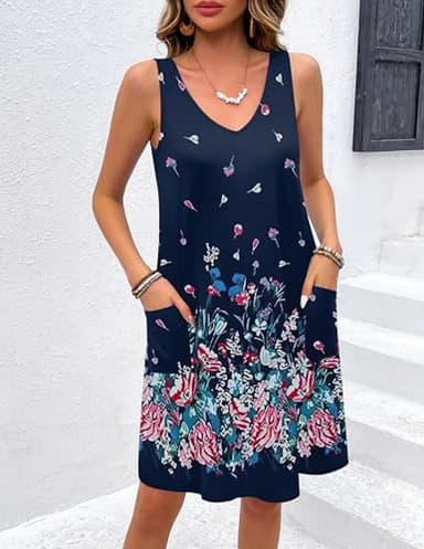 Ekouaer Women's Nightgown Sleeveless Nightshirt V Neck Chemise Soft Night Dress Sleepwear with Pockets Blue Sapphire - Image 4