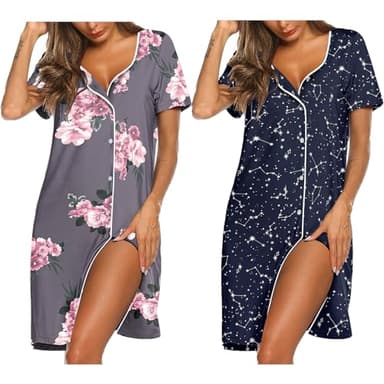 Ekouaer Nightgowns for Women 2 Pack Button Down Sleepshirt Short Sleeve Nightshirt Soft Sleepwear V Neck Pajama Dress Grey Floral/Blue Star XXXL - Image 1