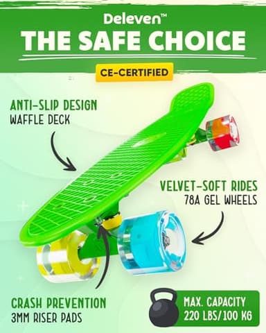 Deleven 22" Skateboard with Bright LED Wheels, Skate Tool, ABEC 7 Bearings - for Kids Beginners Adults - Image 3