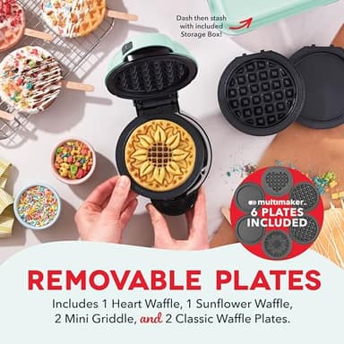 DASH Multimaker Mini System - Waffle Maker with Six 4” Removable Plates & Storage Case: Waffle Iron & Griddle, 4-in-1 Mini Waffle Maker for Kids and Families – Nonstick Surface, Just Add Batter (Aqua) - Image 2