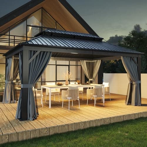 Aoxun 12FT X 16FT Hardtop Gazebo, Outdoor Pergolas with Mosquito Netting and Curtains, Galvanized Steel Double Roof Permanent Aluminum Gazebo, for Gardens, Decks, Patios, Parties - Image 1