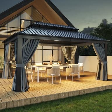 Aoxun 12FT X 16FT Hardtop Gazebo, Outdoor Pergolas with Mosquito Netting and Curtains, Galvanized Steel Double Roof Permanent Aluminum Gazebo, for Gardens, Decks, Patios, Parties - Image 1