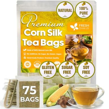 FreshDrinkUS, Premium 75 Tea Bags Corn Silk Tea, 100% Natural & Pure from Corn Silk. Corn Silk Herbal Tea. Clean Ingredients. Made with Natural Material Tea Bags. No Sugar, No Caffeine, Vegan. - Image 1