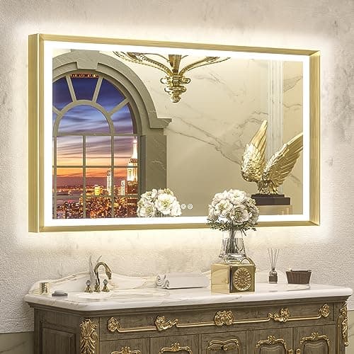 TETOTE 48x30 LED Bathroom Mirror with Lights Gold Metal Framed Front & Back Light Vanity Mirror Baroque Antifog Stepless Dimmable White/Warm/Natural,CRI90+,Waterproof,Wall Mounted(Horizontal/Vertical) - Image 1