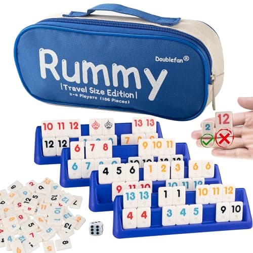 Doublefan Mini Rummy Cube Set, Mini Size Rummy Game with Portable Bag, Small Travel Game for Adult and Kids,106 Tiles, 4 Playing Rack, 1 Dice (2-4 Players) - Image 1