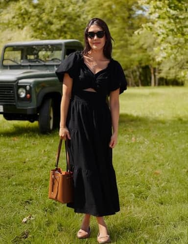 ZESICA Womens Summer 2025 Boho Vacation Dress Short Puff Sleeve Flowy Smocked Cutout A Line Beach Party Dresses,Black,Small - Image 6