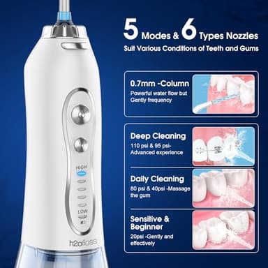 H2ofloss Water Dental Flosser Portable Dental Oral Irrigator with 5 Modes, 6 Replaceable Jet Tips, Rechargeable IPX7 Waterproof Teeth Cleaner for Home and Travel -300ml Detachable Reservoir (HF-6) - Image 3