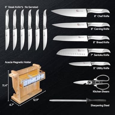 Japanese Knives Set for Kitchen, Magnetic Knife Set with Block and Sharpener, Stainless Steel Knife Set as Gift for Couple, Wedding, Women or Mom with Gift Box, 14 PCS Black Dot - Image 7