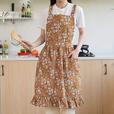Pinknoke Vintage Pinafore Apron Dress for Women with Pockets Cute Floral Chef Aprons for Kitchen Cooking Baking Gardening (Tawny) - Image 5