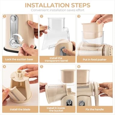 SUSTEAS Rotary Cheese Grater with Handle - Vegetable Shredder with 5 Well-designed Blades & Strong Suction Base,Round Mandoline Slicer & Food Chopper for Kitchen,with Blade Storage Box(Beige) - Image 6