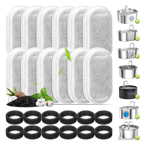 12 Pack Cat Water Fountain Filters, Replacement Filters & Pre-Filter Sponges for 3.2L/108Oz & 67oz/2L Stainless Steel Pet Fountain - Image 1