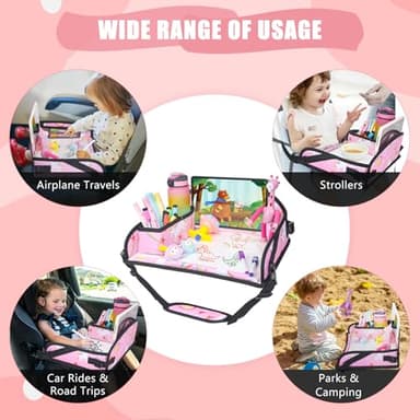 DxTing Kids Travel Tray for Car Airplane - Car Seat Tray for Kids Travel, Toddler Carseat Lap Table, Road Trip Essentials, Lap Desk for Kid Roadtrip Activities, Pink Unicorn - Image 2