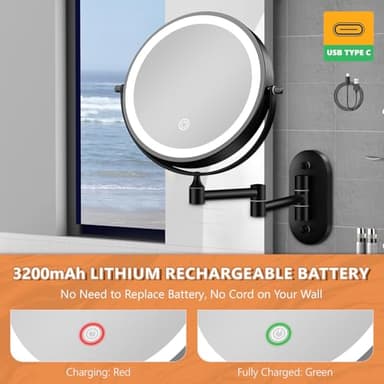 Auxmir 1X/30X Wall Mounted Makeup Mirror with Light, 8" Rechargeable Double-Sided Magnifying Mirror, Vanity Mirror Dimmable 3 Color Light, 360° Extension Rotation Foldable 14.5 Inch Arm, Black - Image 7