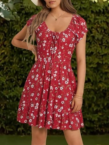 HUHOT Teen Summer Petite Mini Dresses for Women 5 Ft Church Spring Dress 2025 Short Sleelve Casual Sun Sundress with Pockets Red Floral Scoop Neck Milkmaid Cute Country Concert - Image 4