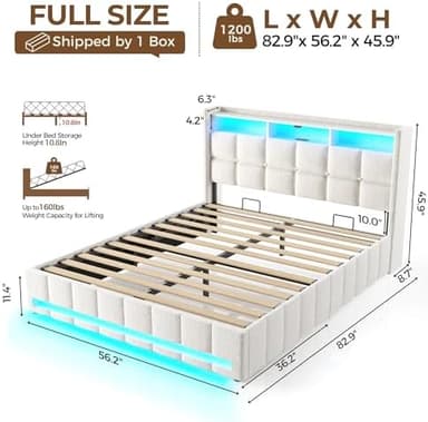 Rolanstar Bed Frame Full Size with Lift Up Storage, Charging Station & LED Lights, Upholstered Storage Headboard, Heavy Duty Wooden Slats, No Box Spring Needed, Noise Free, Easy Assembly, Beige - Image 4