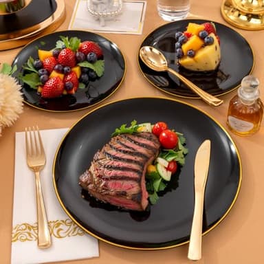 Supernal 350pcs Black & Gold Plastic Dinnerware Set, Elegant Black Plates with Golden Edges, Gold Plastic Silverware, Durable Tableware Perfect for Birthdays, Parties, Wedding, Celebration - Image 3