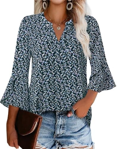 Gaharu Women's Tunic Tops - Casual Work Blouses with Bell Sleeves - Elegant Office Wear in Sky Blue Flower Print, Size XL - Image 1