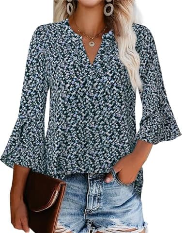 Gaharu Women's Tunic Tops - Casual Work Blouses with Bell Sleeves - Elegant Office Wear in Sky Blue Flower Print, Size XL - Image 1