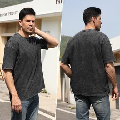 Eadali 3 Pack Men’s Oversized T-Shirts – Washed Cotton Loose Fit Tees, Drop Shoulder Crew Neck, Vintage Baggy Style Streetwear Tops(Black/Brown/Dark Green,S) - Image 2