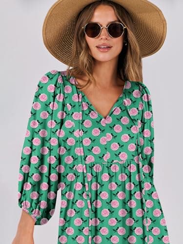 ANRABESS Womens Boho Maxi Dresses 2025 Summer V Neck Puff Sleeve Floral Flowy Swing Fall Casual Long Dress Green Small - Image 5