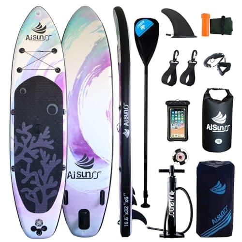 AISUNSS Inflatable Paddle Board for Adult, Paddle Board for All Skill Levels, Wide SUP Board with Primium Accessories Include SUP Carry Bag, Hand Pump, 10L Waterproof Bag and Adj Paddle - Image 1