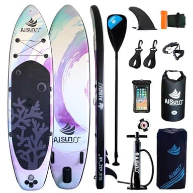 AISUNSS Inflatable Paddle Board for Adult, Paddle Board for All Skill Levels, Wide SUP Board with Primium Accessories Include SUP Carry Bag, Hand Pump, 10L Waterproof Bag and Adj Paddle - Image 1