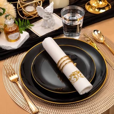Supernal 350pcs Black & Gold Plastic Dinnerware Set, Elegant Black Plates with Golden Edges, Gold Plastic Silverware, Durable Tableware Perfect for Birthdays, Parties, Wedding, Celebration - Image 8