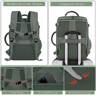 Hanples Extra Large Travel Backpack for Women as Person Item Flight Approved, 40L Carry On Backpack, 17 Inch Laptop Waterproof Hiking Casual Bag(Olive Green) - Image 9